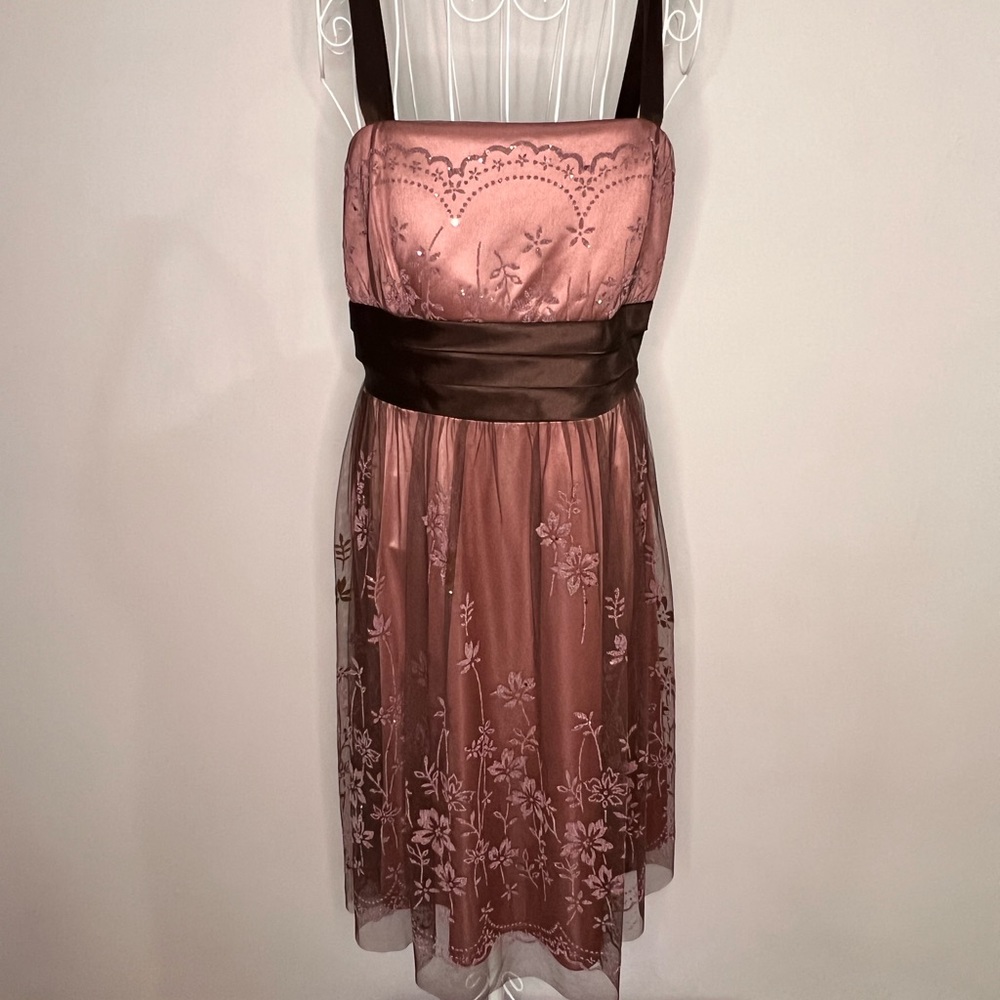 R&M Richards Mauve Beaded & Sequin Floral Motif Halter Dress